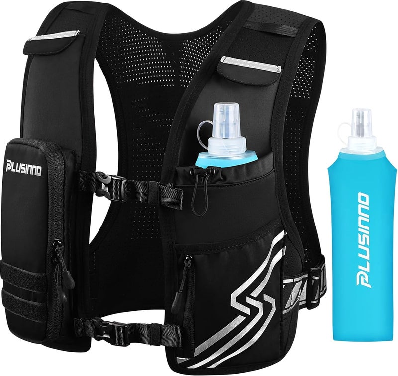 PLUSINNO Running Vest for Women Men, Running Hydration Vest with 500ml Soft Flask & Touch-Screen Phone Pocket, Reflective Lightweight Hydration Backpack for Hiking with Adjustable Chest Waist Straps - Image 1